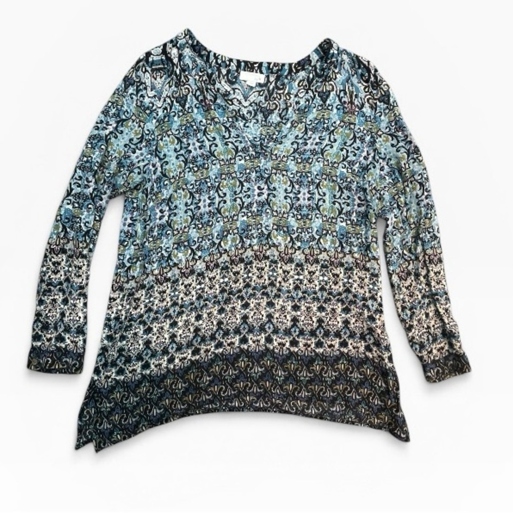 J. Jill Blue and Cream Printed V-Neck Long Sleeve Top Size Small P boho - Picture 2 of 7